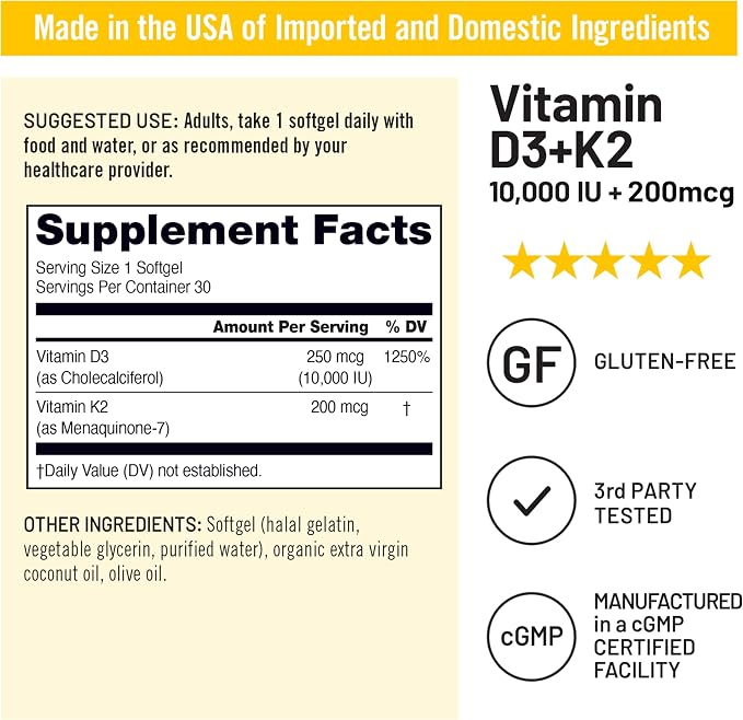 NatureWise Vitamin D3 10,000 IU Plus K2 (MK-7) 200 mcg with Organic Extra Virgin Coconut Oil - Supports Calcium Absorption, Bone, Heart & Immune Health - Non-GMO, Soy & Gluten-Free - 30 Softgels