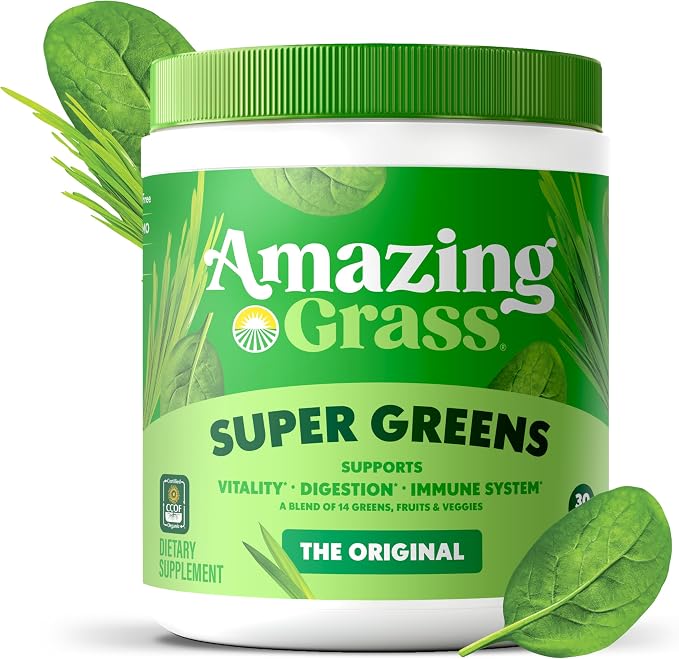 Amazing Grass Greens Blend Superfood: Greens Powder Mix for Energy, with Organic Spirulina, Chlorella, Beet Root Powder, Digestive Enzymes & Probiotics, Original, 30 Servings (Packaging May Vary)