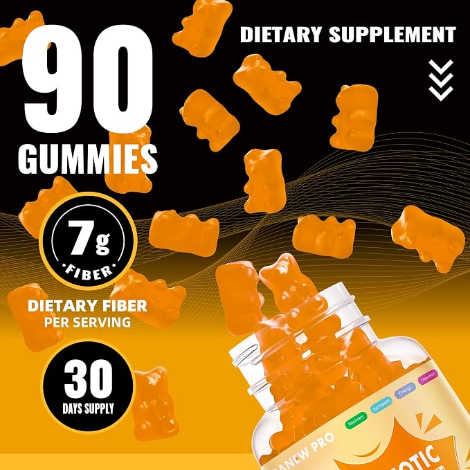 Prebiotic Fiber Gummies for Adults, 7G Extra Strength, Zero Sugar Added, 90 Pectin Based Gummies, Digestive Health -Orange