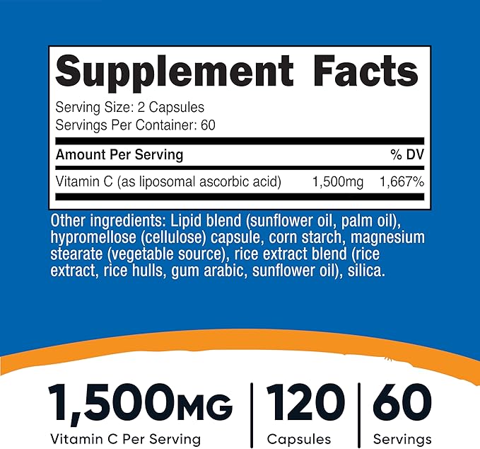 Nutricost Liposomal Vitamin C (1500mg) 120 Vegan Capsules - GMO-Free, Gluten-Free, 60 Servings