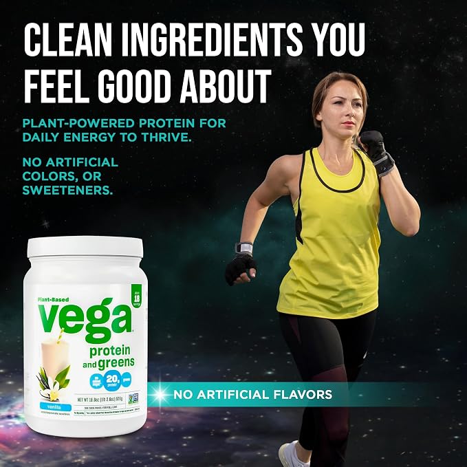 Vega Premium Protein + Supergreens, Vanilla – 20g Vegan Protein, Dairy & Gluten Free, 19.2 oz (18 Servings)