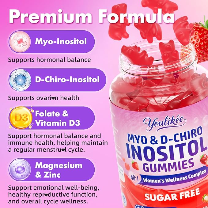 2 Pack Myo-Inositol & D-Chiro Inositol Gummies for Women, 120 Count | Ideal 40:1 Ratio with Vitamin D3, Folate, Magnesium and Zinc - Support Female Health & Wellness, Strawberry Flavor
