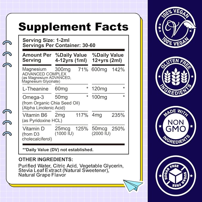 Kids Magnesium Liquid Drops-Magnesium Glycinate Liquid for Kids Supplement-w/L-theanine, Omega-3, Vitamin B6, D3 - for Sleep, Relaxation, Brain, Bones - Grape Flavor, 2 Fl Oz