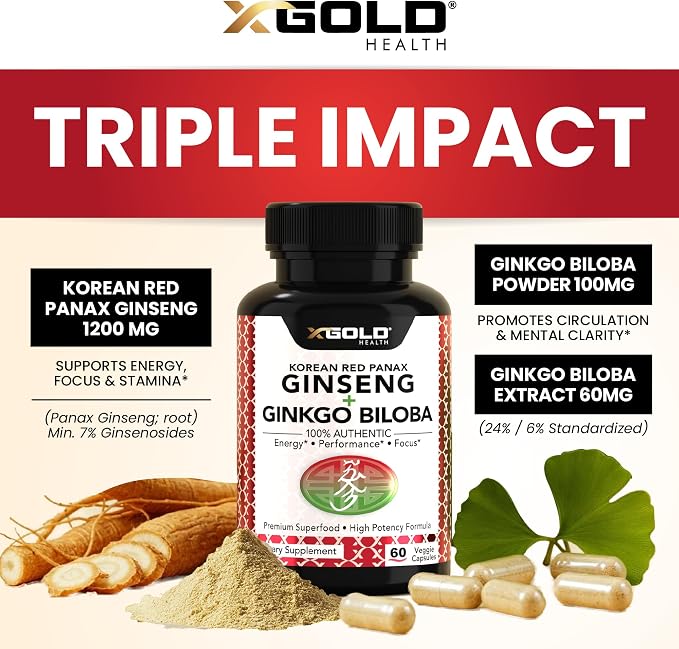 X Gold Health Korean Red Panax Ginseng + Ginkgo Biloba – 7% Ginsenosides Extra Strength – Energy, Memory, Focus & Brain Support – Premium Supplement for Men & Women – Non-GMO, 60 Vegan Capsules