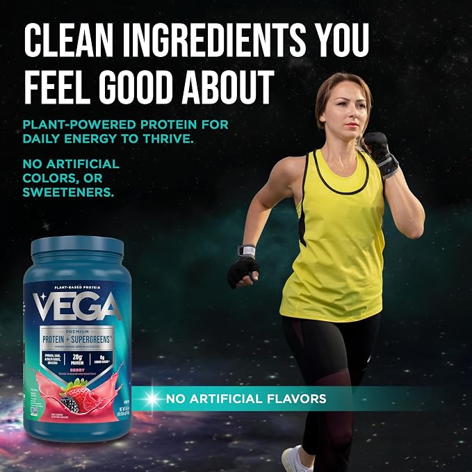 Vega Premium Protein + Supergreens, Berry – 20g Vegan Protein, Dairy & Gluten Free, 27.2 oz (26 Servings)