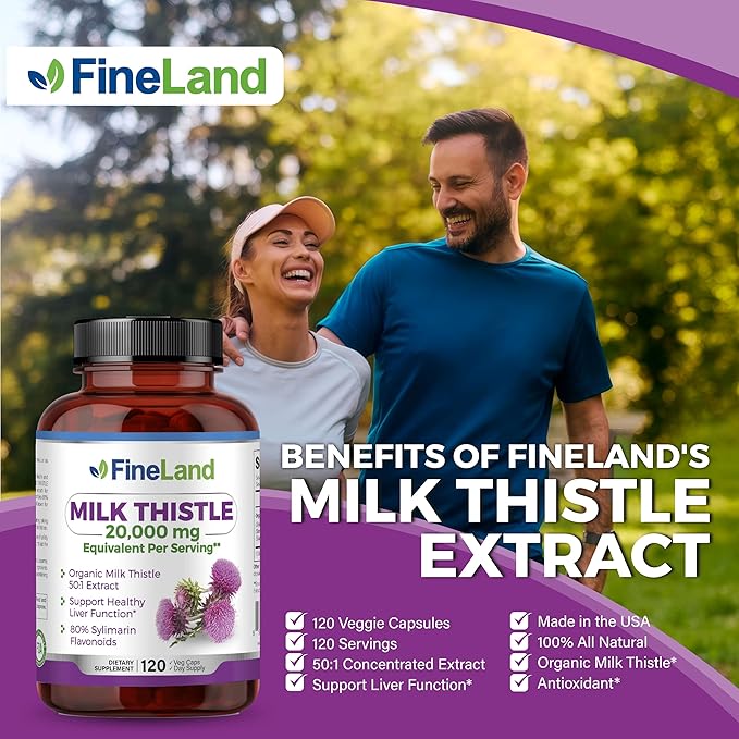 FineLand Milk Thistle Pills 50:1 Extract with 80% Silymarin Flavonoids – Liver & Antioxidant Support - 50X Concentrated Seed Extract -120 Vegan Capsules, Non-GMO, Made in USA