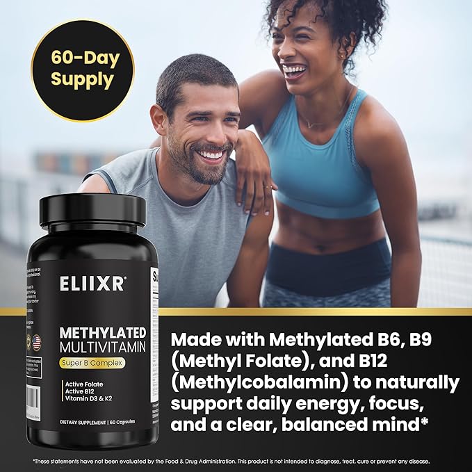 Eliixr Methylated Multivitamin 27-in-1 Formula with 1500 mcg Active Folate, Methylated B12, K2, D3, B-Complex and more Women and Mens Multivitamins, 60 Vegan Capsules, 2 month supply Made in the USA