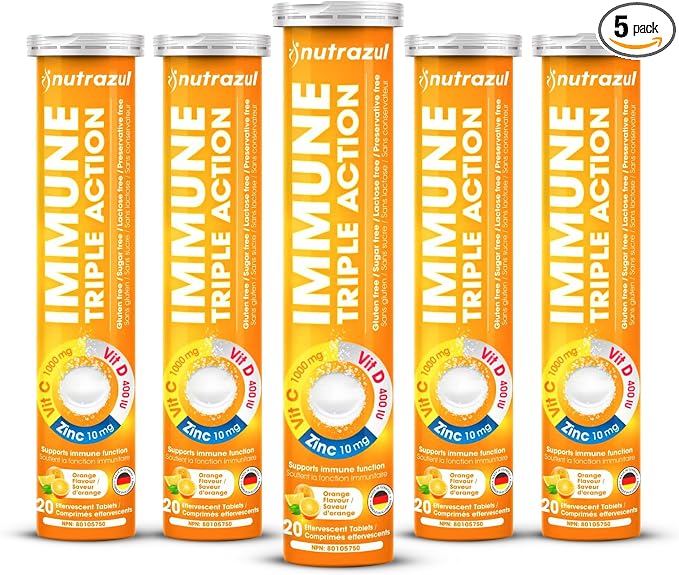 nutrazul Immune Triple Action Effervescent Tablets with Vitamin C 1000mg, Vitamin D, Zinc, Support Daily Routine, Gluten-Free, Sugar-Free, Lactose-Free, Orange Flavor, 20 Tablets (Pack of 5x20)