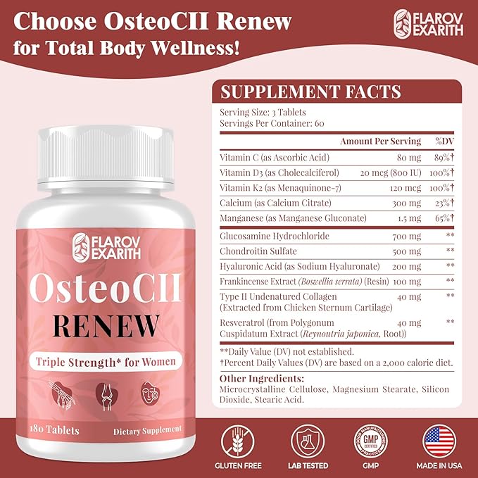 Joint Supplements for Women OsteoCII Renew Triple Strength – Advanced Joint, Bone & Skin Formula – Collagen, Glucosamine, Chondroitin, Calcium, MK-7, Vitamin D3, Hyaluronic Acid, 360 Tablets