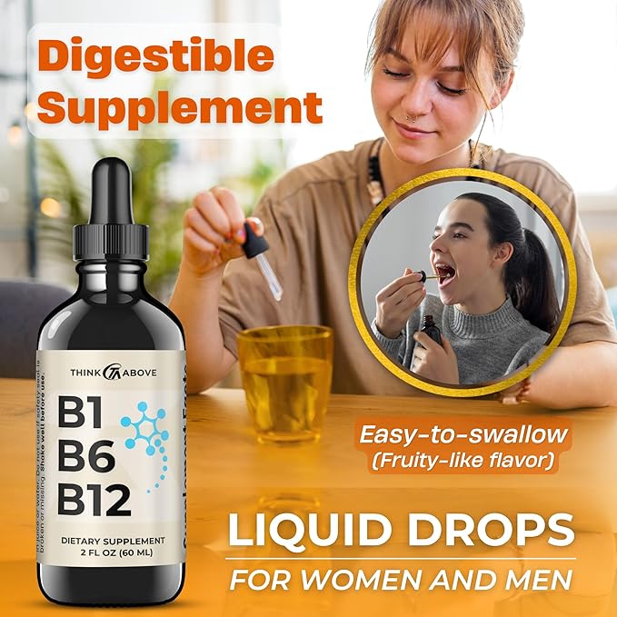 B1 B6 B12 Vitamin Liquid Drops - Daily Wellness Support Supplement - Fruity-Like Flavor - Methylcobalamin, Thiamine, Pyridoxine - 60 Day Supply - 2 oz - for Men and Women - Simply Made