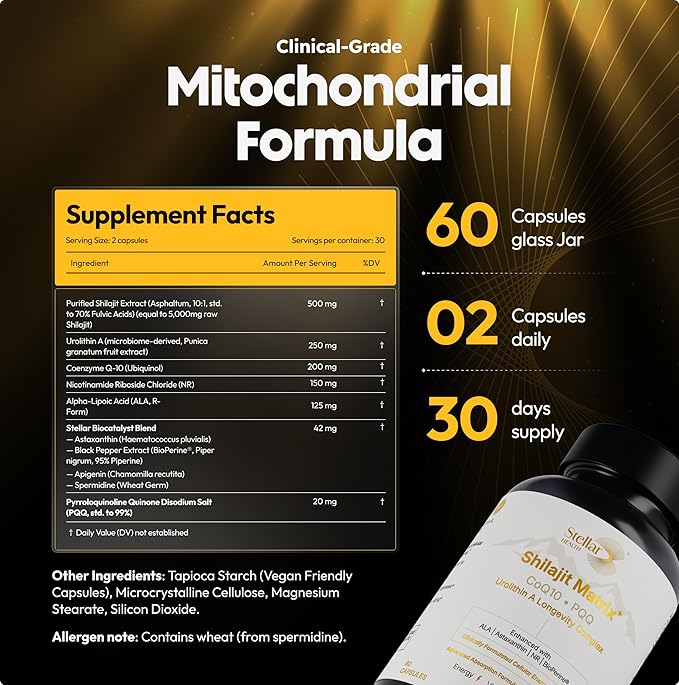 Clinical Mitochondrial Complex - Shilajit 5787mg Extract Equivalent NAD+ Boost - Ubiquinol CoQ10, Urolithin A, NR, PQQ, ALA, Astaxanthin - Energy, Focus, Strength - 60 Vegan Capsules