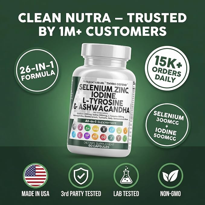 Clean Nutra Selenium 300mcg Iodine 500mcg Thyroid Support for Women & Men | L Tyrosine 500mg Ashwagandha Supplement Bladderwrack, Turmeric, Kelp, Schisandra Zinc Pills Capsule Supplements