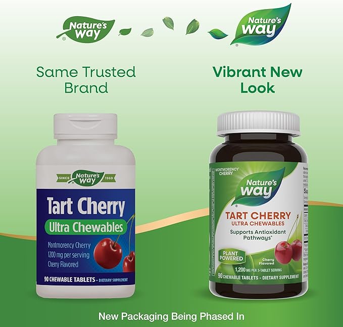 Nature's Way Tart Cherry Ultra Chewables, Supports Antioxidant Pathways* with Anthocyanins, 1,200 mg Potency per 3-tablet Serving, Cherry Flavored, Gluten Free, Vegan, 90 Count (Packaging May Vary)