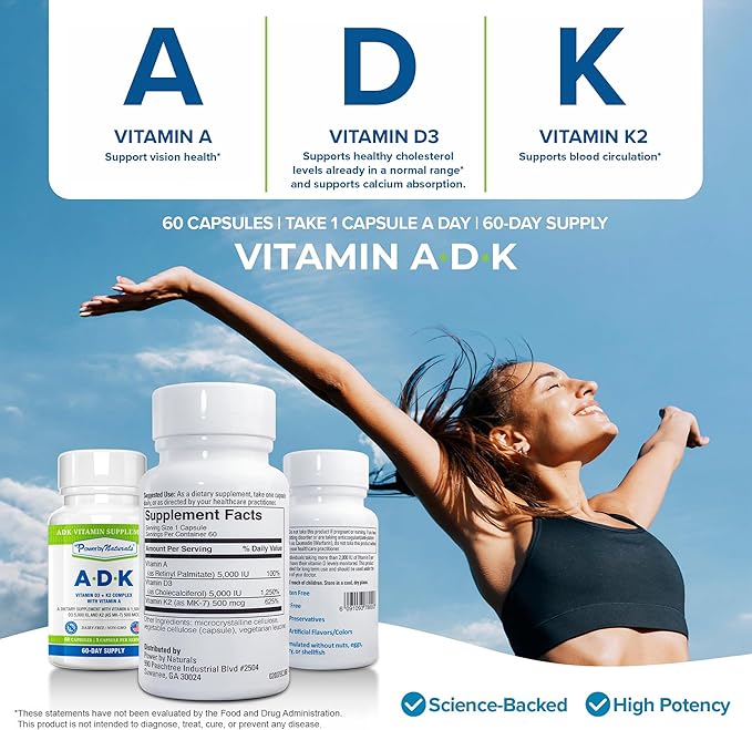 Power By Naturals ADK Vitamin Supplement – Vitamins A, D3 & K2 MK-7 for Bone Health & Calcium Absorption – Gluten-Free, Soy-Free – 60 Capsules (2-Month Supply)