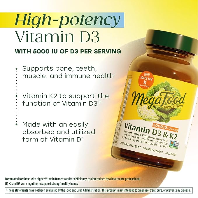 MegaFood Vitamin D3 5000 IU (125 mcg) - Vegetarian Supplements with Vitamin D3 K2 - Supports Bones, Teeth, Muscles & Immune Health - Certified Non-GMO - 60 Mini Capsules, 60 Servings