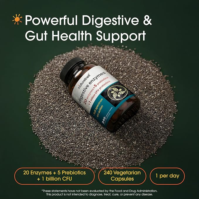 NatureBell Digestive Enzymes - 240 Capsules - Gut & Digestive Health Support Supplement* - with 20 Enzymes, 5 Prebiotics & 10-Strand Probiotic Blend