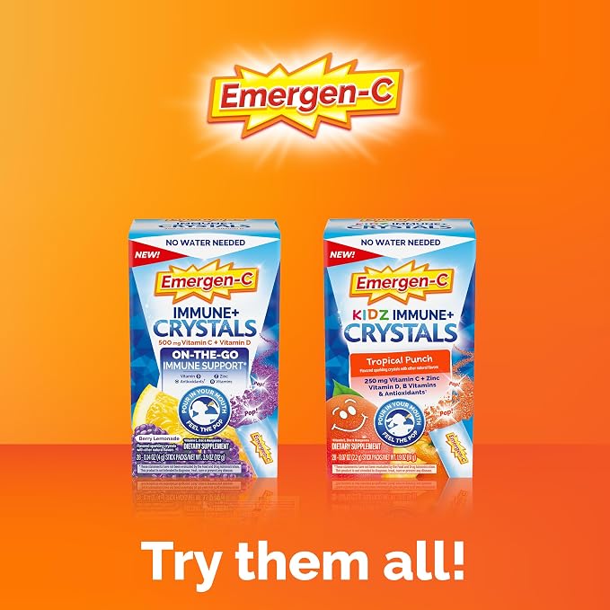 Emergen-C Immune Plus Crystals, On-the-Go Immune Support Supplement with Vitamin C, Vitamin D, B Vitamins, Zinc and Manganese, Berry Lemonade - 28 Stick Packs