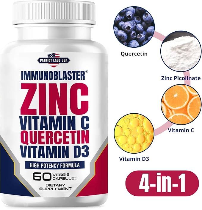 Zinc Quercetin Vitamin C 800 mg with Vitamin D3 Antioxidant Immune Support High Potency Quercetin Zinc Supplement for Men and Women - Gluten, Soy, & Dairy Free - 60 Count (Pack of 1)