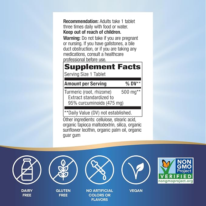 Nature's Way Turmeric, Premium Extract, Supports Joint Health*, Standardized to 95% Curcuminoids, 500 mg Serving, Non-GMO Project Verified Supplements, 60 Tablets (Packaging May Vary)