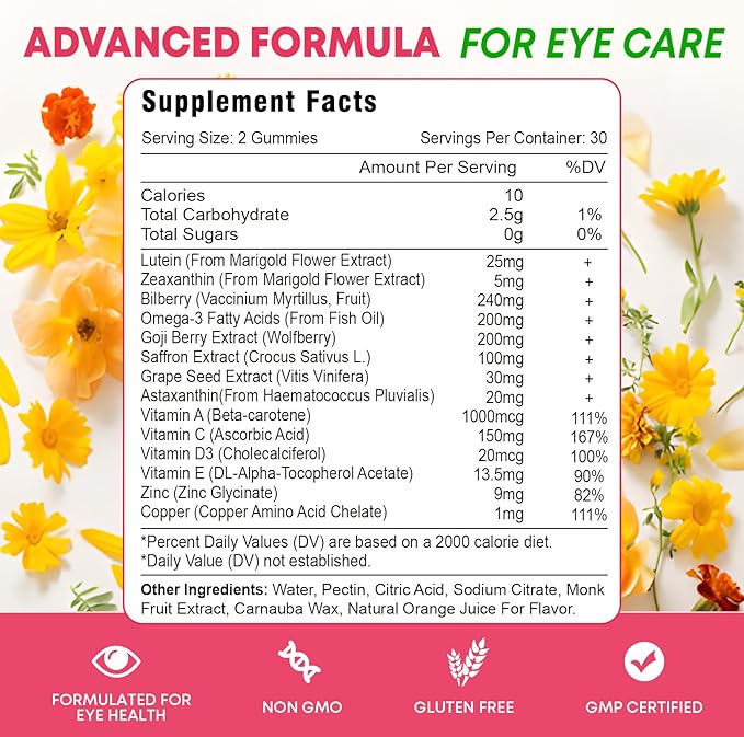 Lutein and Zeaxanthin Supplements Gummies, Advanced Eye Vitamin Supplement with Bilberry, Saffron, Grape Seed, Omega 3 for Macular Health, Dry Eye, Visual Function - Orange Flavor, 120 Count