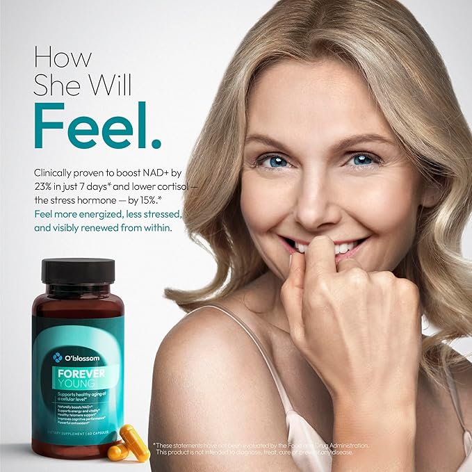 O'blossom Forever Young NAD+ Supplement - Clinically Studied NMN Resveratrol Formula with NADH Supplement - Boosts NAD+ in 14 Days, Supports Healthy Aging, Cognitive Function & Mitochondrial Health