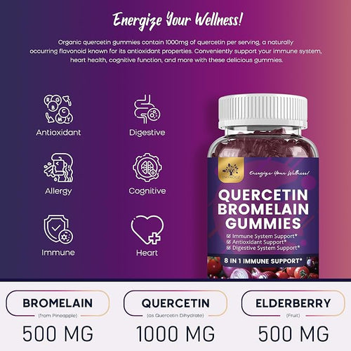 (3 Pack) Quercetin Gummies with Bromelain Zinc Elderberry Vitamin C D3 K2, Quercetin 1000mg Supplement with Bromelain 500mg for Cardiovascular, Immune System & Allergy, Vegan Gummy for Adult & Kid