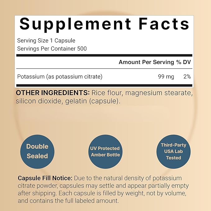 Potassium Citrate Supplement 99mg, 500 Capsules | Chelated Mineral Supplements – Essential Mineral Electrolyte – Non-GMO, Gluten Free
