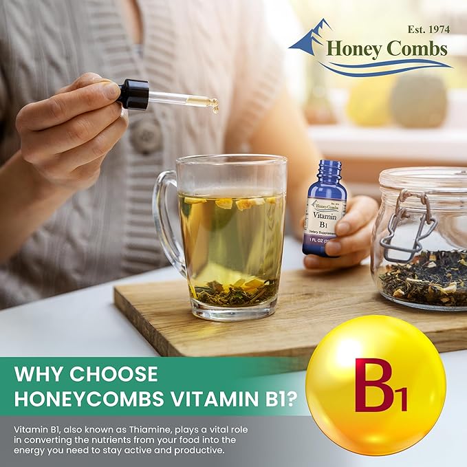 HoneyCombs B1 Supplement (Thiamine) Liquid Drops - High Potency Thiamine B1 Supplement for Men & Women - Maintain Nervous System, Energy & Overall Health - Vegan Liquid B Vitamins (16 Fl oz)