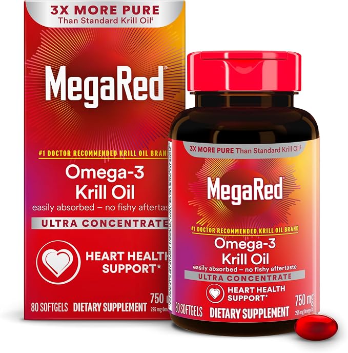 MegaRed Antarctic Krill Oil 750mg, Omega 3 Fatty Acid Supplement, Ultra Concentrate EPA & DHA Softgels, Antioxidant Astaxanthin, Heart Health Supplement with No Fish Oil Aftertaste, 80ct