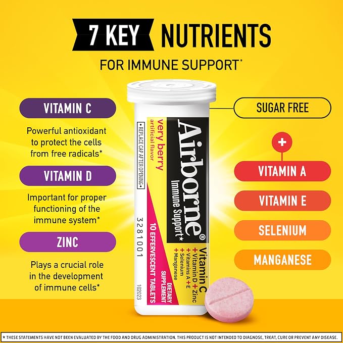 Airborne 1000mg Vitamin C with Vitamin D & Zinc, Sugar Free Multivitamin Immune Support Supplement, Antioxidants Vitamins A C & E, Very Berry Flavor, 30 Tablets (Pack of 2)