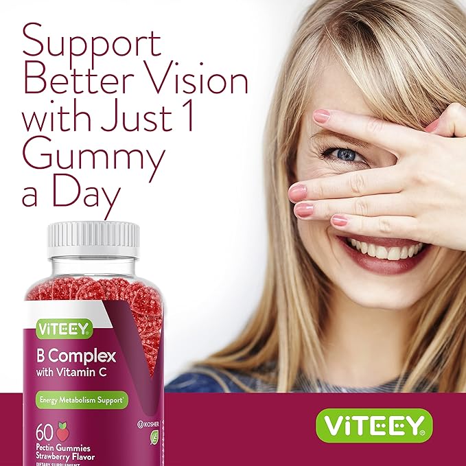 Viteey Vitamin B Complex Gummies with Vitamin C - Energy, Metabolism & Immune Support - B6, B12, Niacin, Folic Acid, Biotin, Calcium - Vegan, Gluten-Free - 60 Count