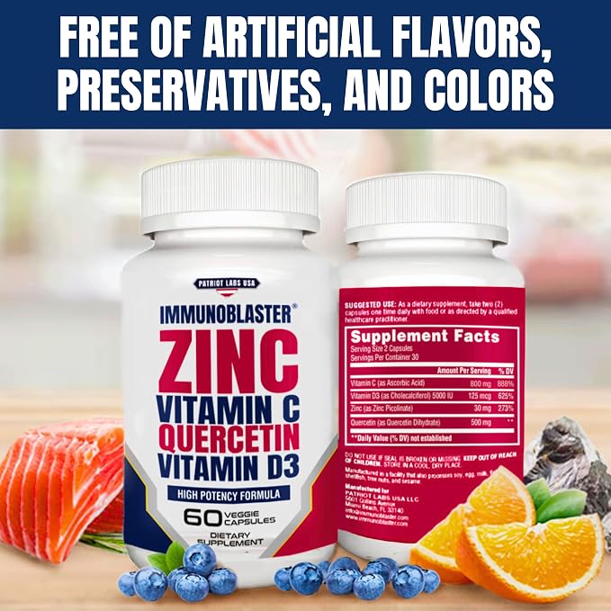 Zinc Quercetin Vitamin C 800 mg with Vitamin D3 Antioxidant Immune Support High Potency Quercetin Zinc Supplement for Men and Women - Gluten, Soy, & Dairy Free - 60 Count (Pack of 1)