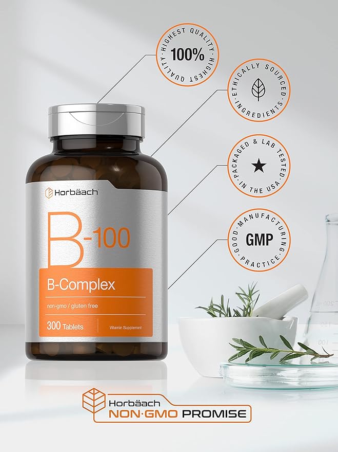 Horbäach Vitamin B-100 Complex | 100% of Daily Value | 300 Tablets | Vegetarian, Non-GMO, and Gluten Free Supplement