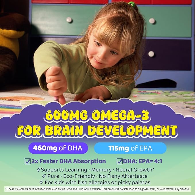 Kids Omega-3 Gummies for 4+, Algae Oil DHA & EPA with Vitamin D3 K2, Choline & PS, Vegan Fish Oil Supplements for Brain, Bone, Cognitive & Immune Health, No Fish Taste, SugarFree, Lemon Flavor, 120Cts
