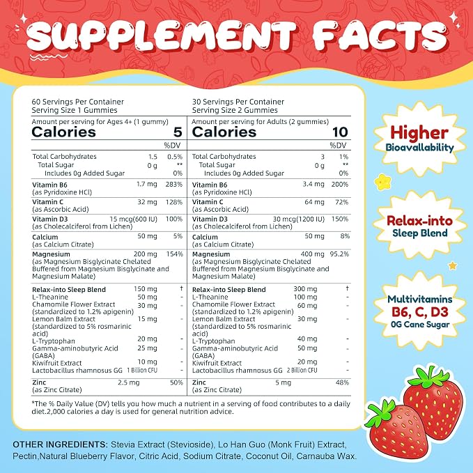 VIFSSG Sugar Free Magnesium Glycinate Gummies 400mg for Adults & 200mg for Kids, Bisglycinate Supplement with L-Theanine, Chamomile, Lemon Balm, Strawberry Flavor, 2-Pack（120 Gummies）