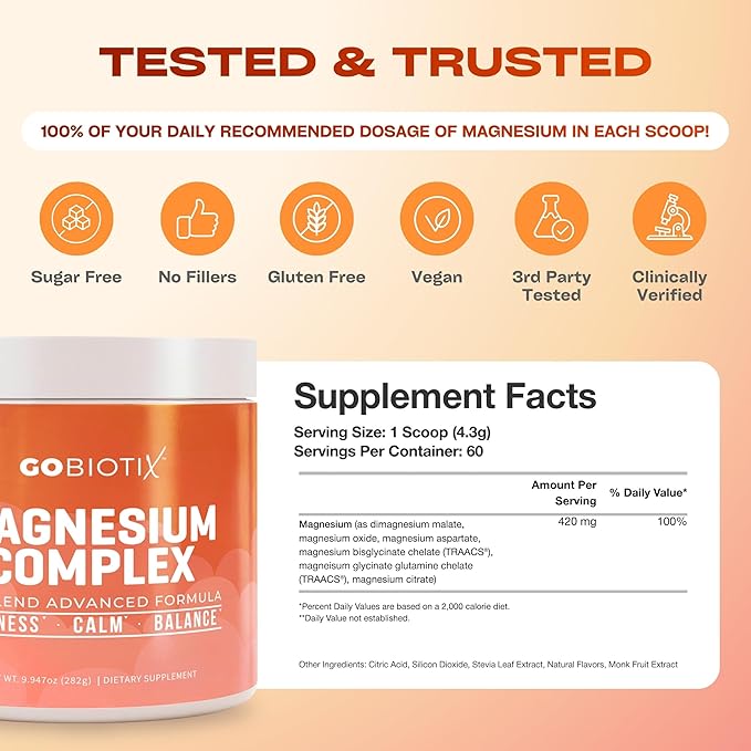 GoBiotix Magnesium Glycinate Powder – Cortisol Supplements for Women and Men – High Absorption Magnesium Complex Calm Supplement with Citrate, Malate – Sugar Free – 420 mg, 60 Servings - Peach Tea