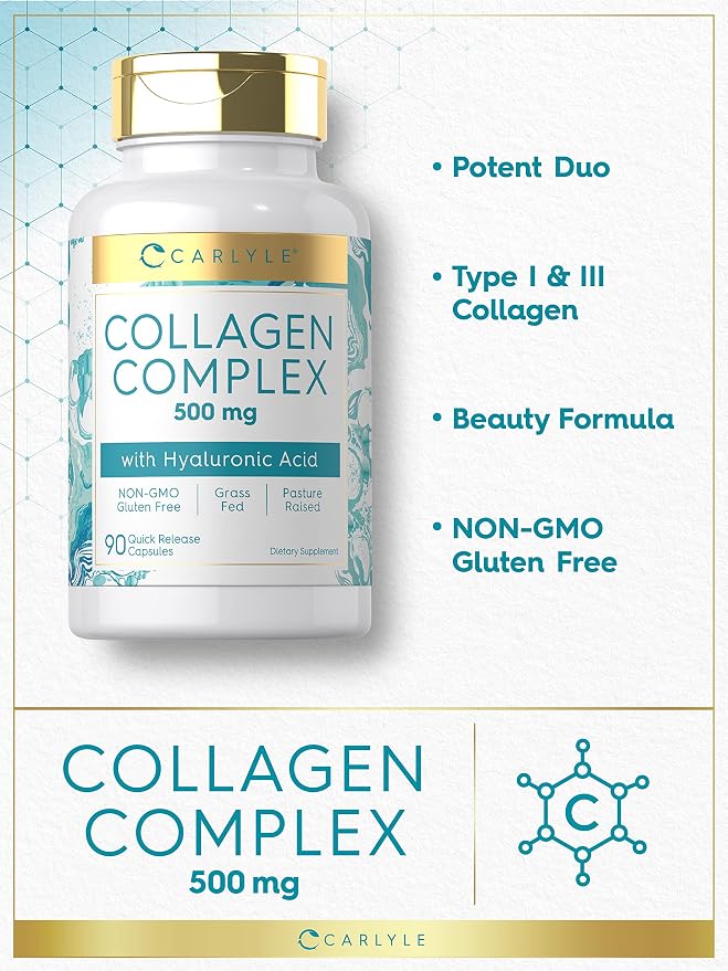 Carlyle Collagen Pills with Hyaluronic Acid | 500mg | 90 Capsules | Hydrolyzed Collagen Type 1 and 3 | Non-GMO, Gluten Free Supplement