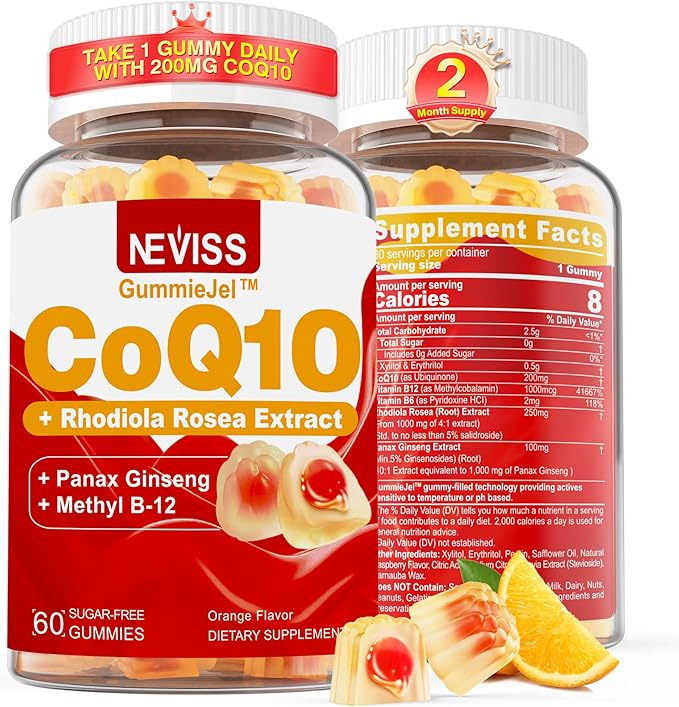 Sugar Free CoQ10 Gummies 200mg/400mg, w/ Methyl B12 1000mcg, B6, Rhodiola Rosea & Panax Ginseng, Ultra Absorption CoQ10 Supplement for Energy, Hear-t Health, Antioxidant & Brain Support,60-Day Supply