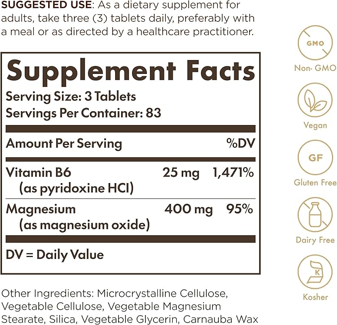 Solgar Magnesium with Vitamin B6, 250 Tablets - Promote Healthy Bone Mineralization, Support Nerve & Muscle Function, Energy Metabolism - Non-GMO, Vegan, Gluten Free, Dairy Free, Kosher - 83 Servings