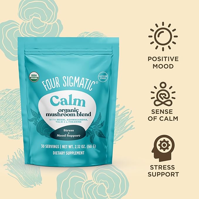 Four Sigmatic Calm Mushroom Blend | Adaptogen Supplement with Ashwagandha, Reishi, Tulsi, Cordyceps, Chaga, Rose Hips, and More | Natural Stress Relief and Immune Support Supplement | 30 Servings
