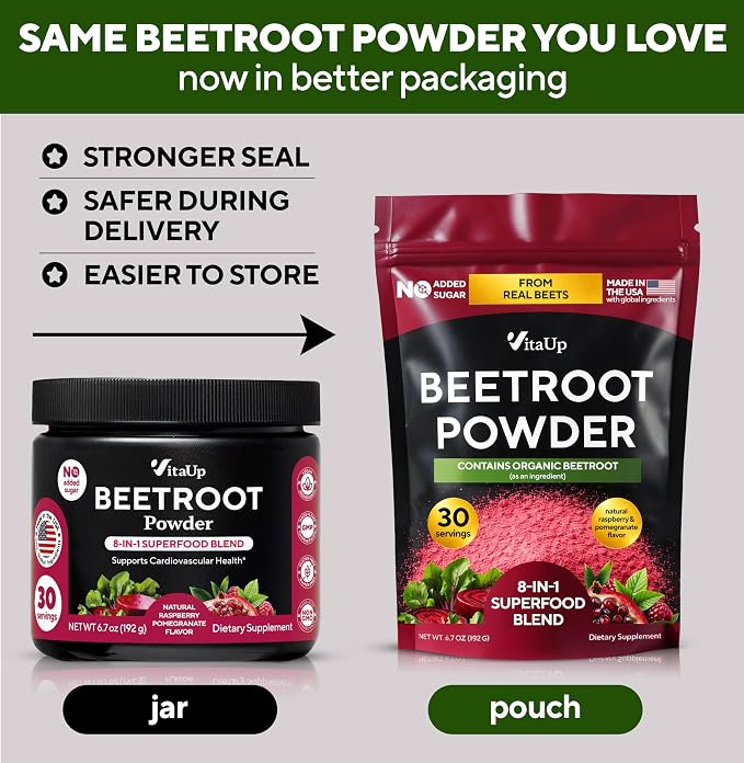 VitaUp Beet Root Powder 8 in 1 – USA Made Beets Powder Supplements with Grape Seed, Hawthorn, Coq10 – with Organic Beetroot for Normal Circulation & Energy Support – 30 Serving