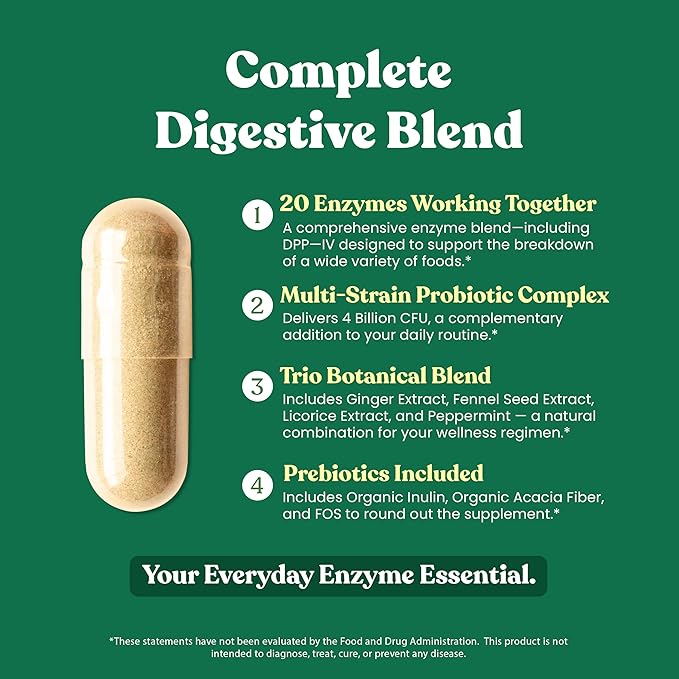 American Standard Supplements Digestive Enzymes Plus Probiotics & Prebiotics, 90 Veggie Capsules, for Digestion with Amylase, Bromelain, Papain, Lipase, Lactase, Protease, Papain, Cellulase