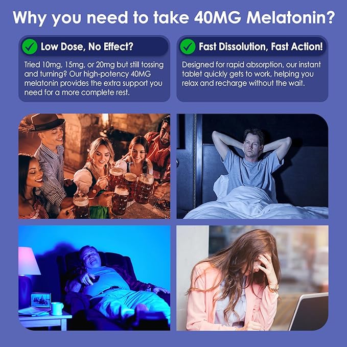 Melatonin 40 mg for Adults - Fast Dissolve & Chewable Sublingual Sleep Supplement - Extra Strength Melatonin with Vitamin D3 & MSM, Selenium for Health Rest Cycle, Deep Zzzs, Sugar-Free, 180 Servings