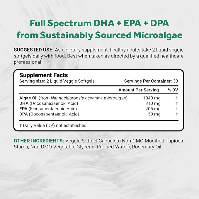 Naturalis Vegan Omega 3 DHA, EPA & DPA from Algae | Vegan Society Certified, Sustainably Sourced, True Full Spectrum | 60 Veggie Softgels (Carrageenan Free)
