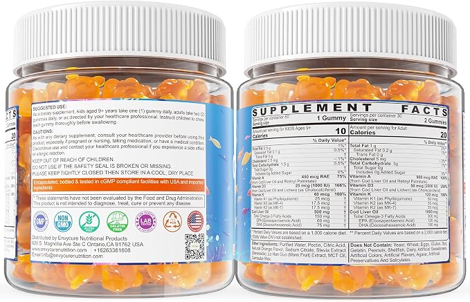 Cod Liver Oil Gummies 1000mg for Kids & Adults - w/Omega 3 (EPA & DHA), Vitamins A, D3 & K2 - Cod Liver Oil Omega 3 Gummies for Immune, Brain & Cognitive Support, Sugar-Free, Orange Flavor, 60Cts