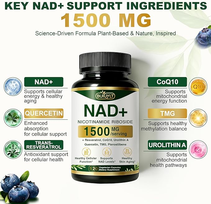 NAD+ Supplement 1500mg, NR NMN Replacement with Resveratrol, Urolithin A, CoQ10 & Quercetin - NAD Plus for Cellular Energy, Healthy Aging & Stamina for Women & Men - 120 Capsules