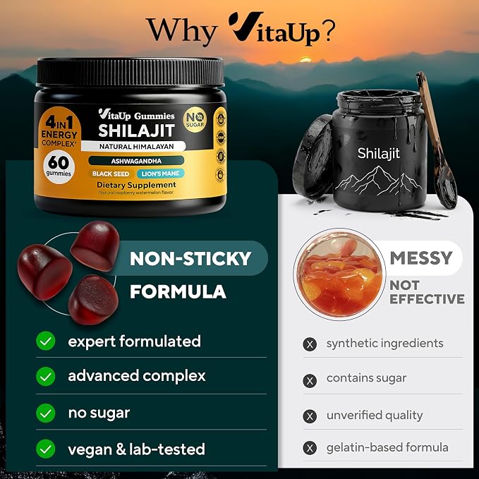 VitaUp Himalayan Shilajit Gummies for Men & Women – Sugar-Free Shilajit Gummies with Fulvic Acid – Pure Energy, Immune & Healthy Aging Support – 60 Gummies
