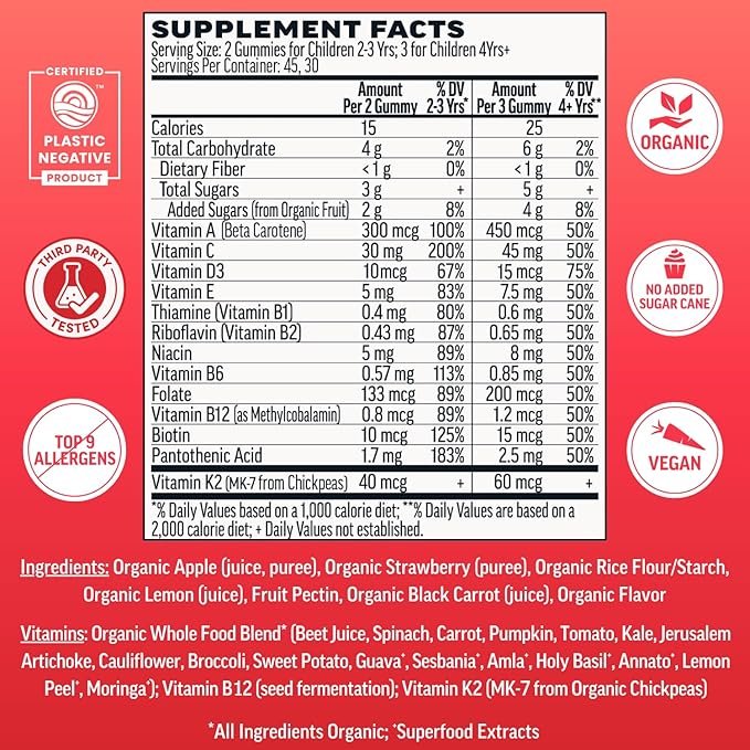 Llama Naturals Kids Multivitamin Gummies | Real Fruit, No Added Sugar Cane | Organic Vegan Toddler Whole Food Vitamins | Vitamin D, C & Beta Carotene Gummy Supplement | Strawberry 90 Ct (1-2 Months)