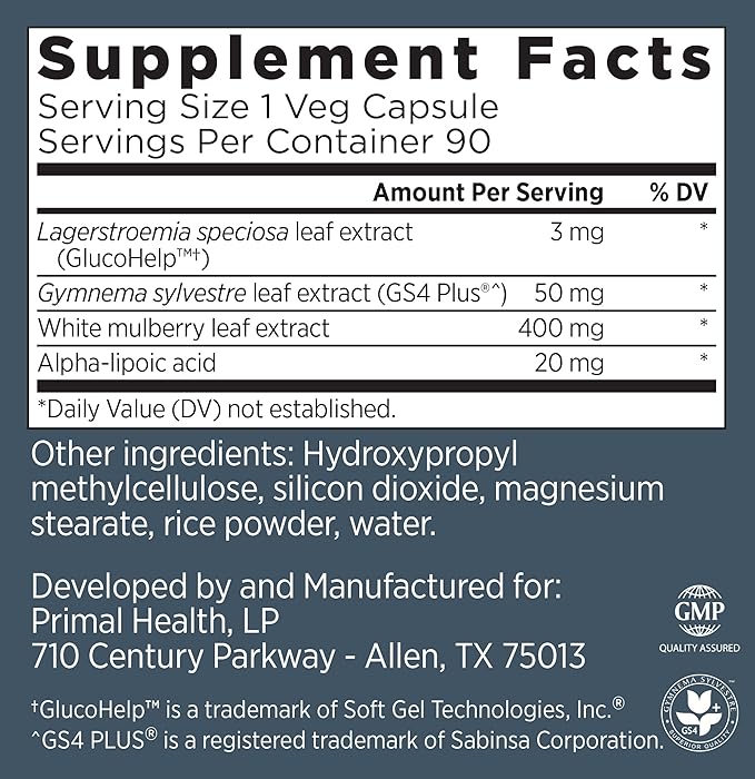 Primal Labs GlucoBurn Support Supplement with White Mulberry Leaf Extract and Alpha Lipoic Acid, 90 Veg capsules