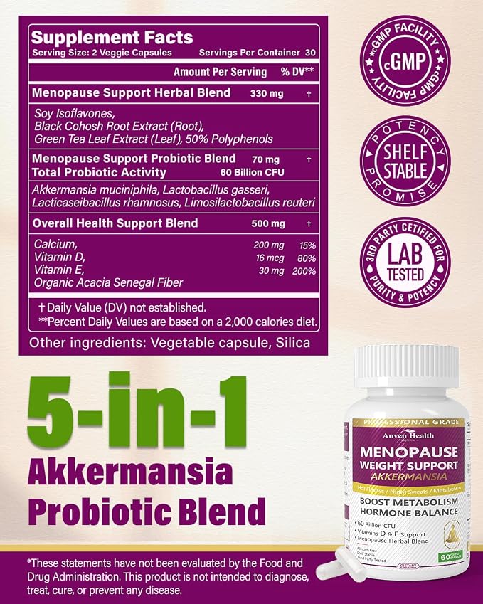 Menopause Supplements for Women 60 Billion with Akkermansia Probiotic & Prebiotic, Vitamin D & E for Hormone Balance, Metabolism, Gut Health, Hot Flashes - Non-GMO | 120 Caps